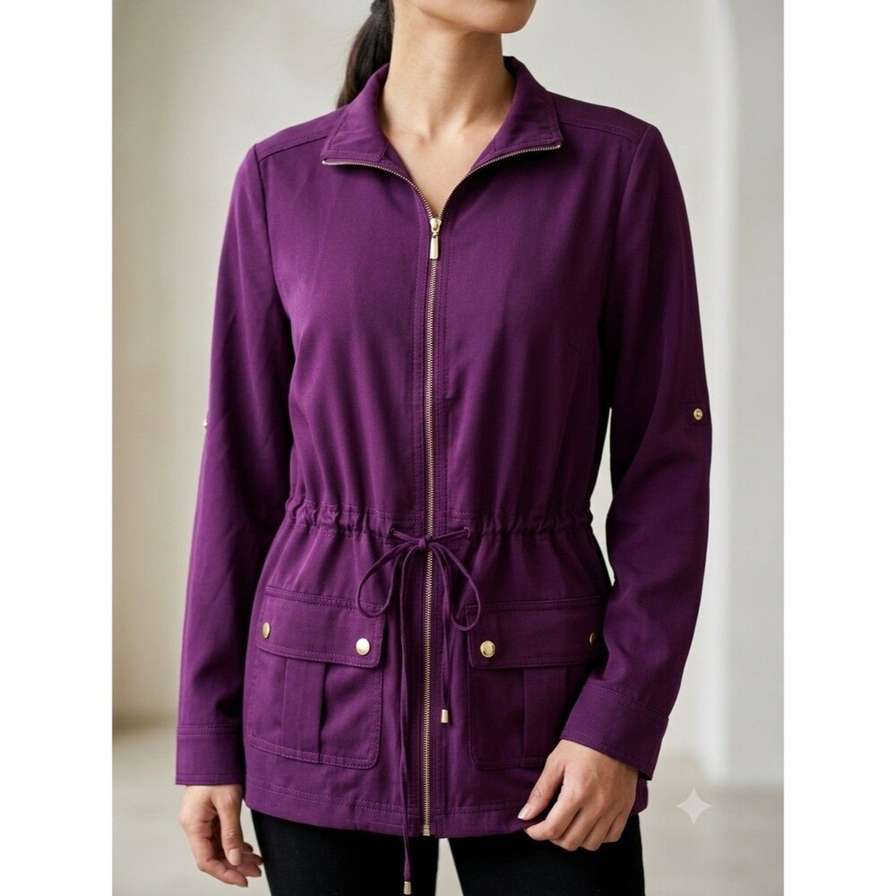 White House Black Market Purple‎ Utility Jacket Cinched Waist Gold Zip Coat SZ 4